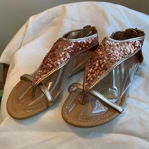 Rose gold sequins & faux leather sandals